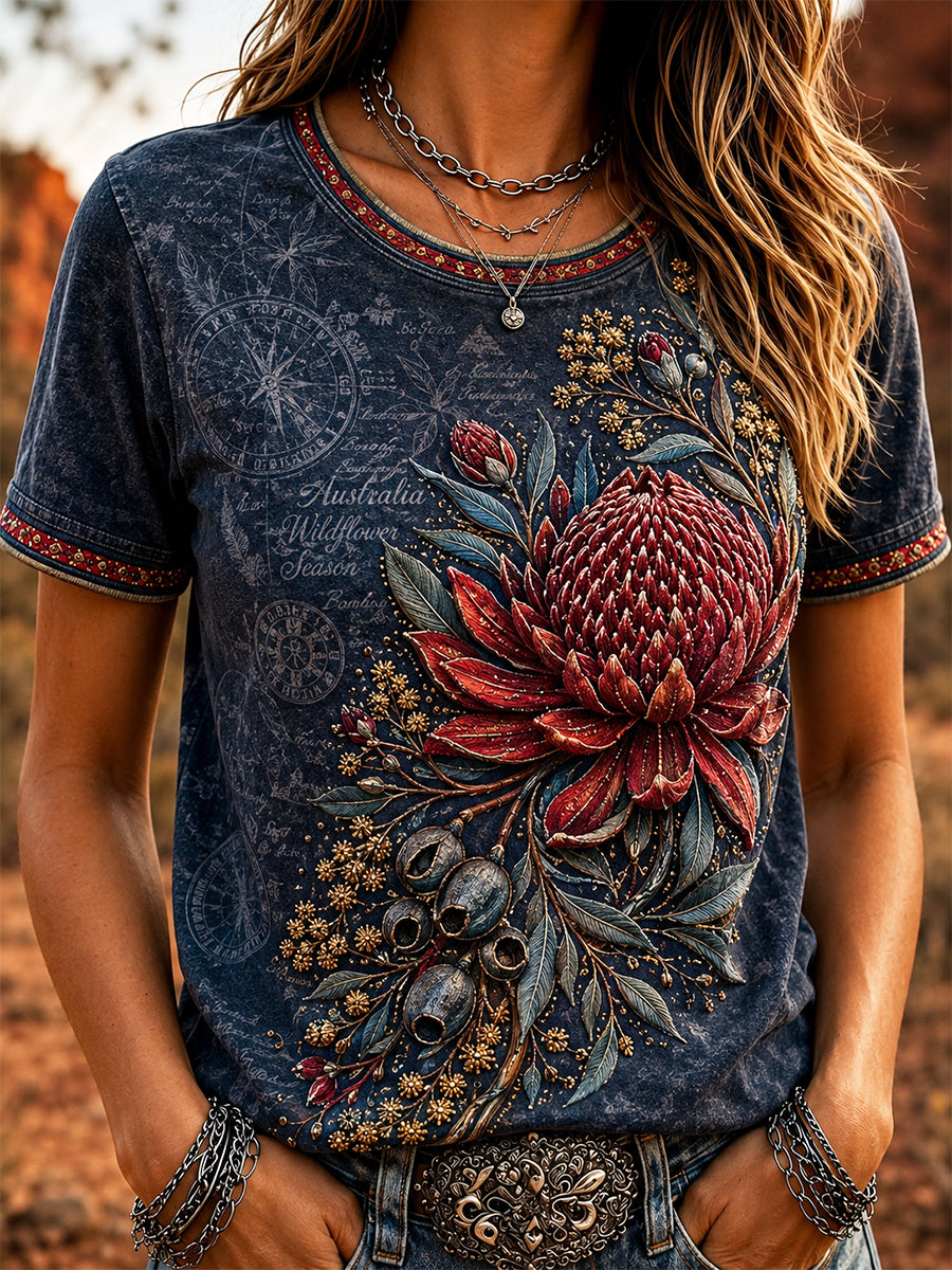 Women’s Retro Australian Wildflower Season Short-Sleeved T-shirt