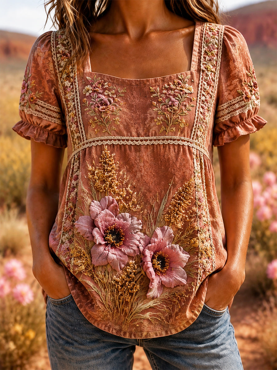 Women's Australian Wildflower Season Print Square-Neck Short-Sleeve T-Shirt