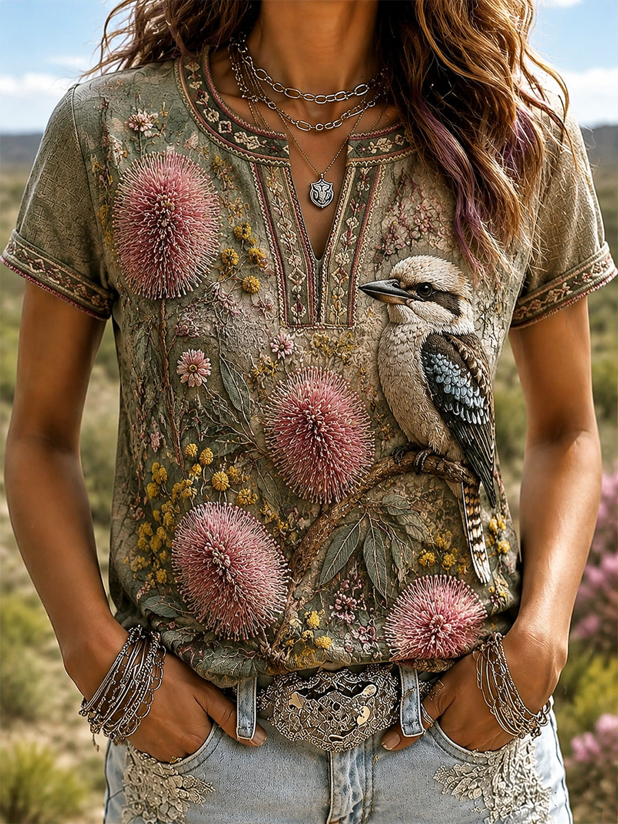 Women's Australian Wildflower Season Kingfisher Print Cotton-Linen T-Shirt