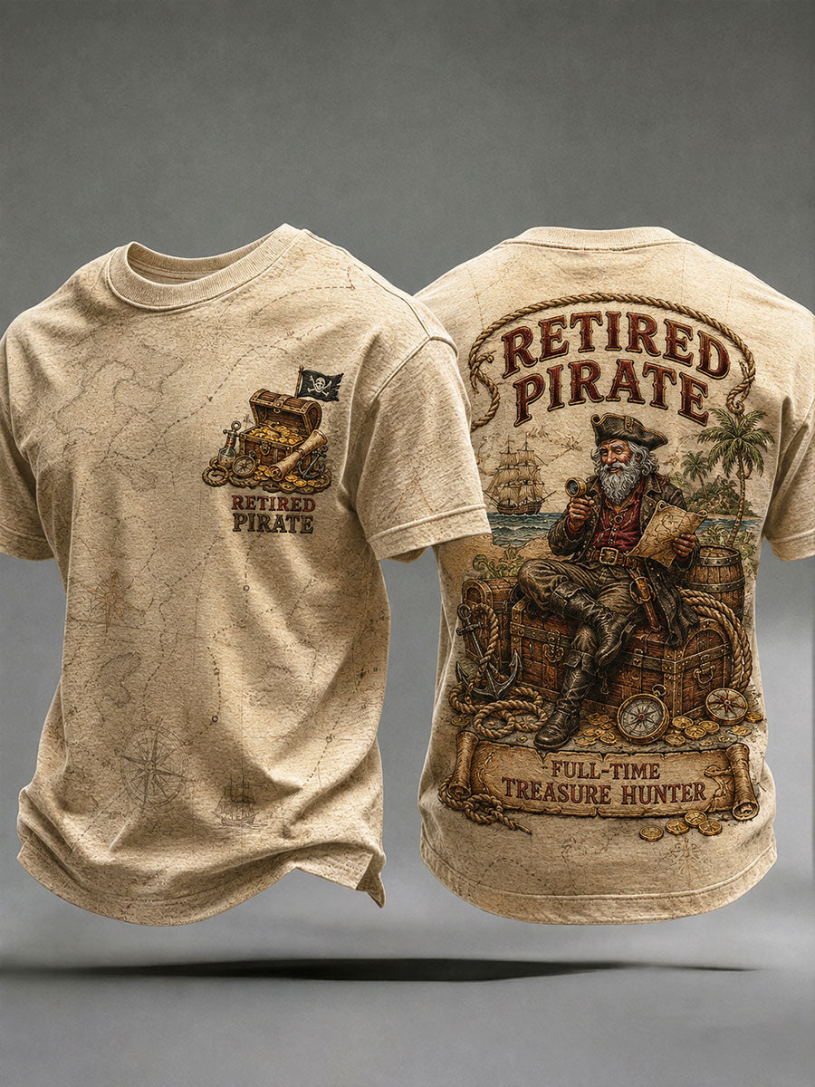 Men's Retro "Retired Pirate - Full-Time Treasure Hunter" Printed Casual T-shirt