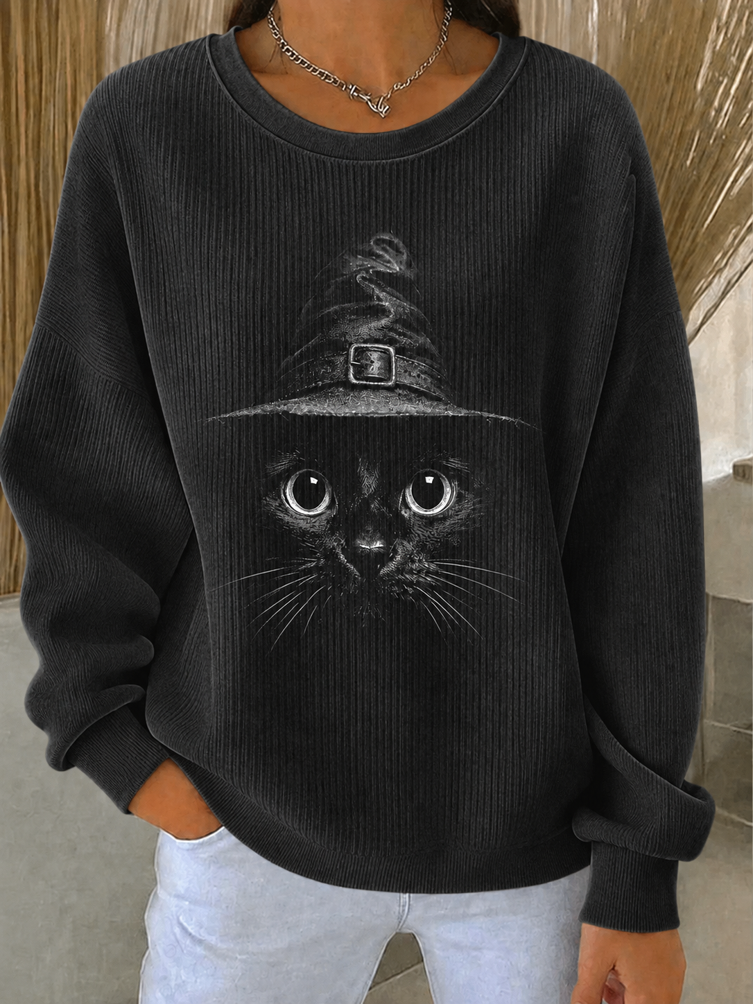 Women's Halloween Cat Ribbed Round-Neck Sweatshirt