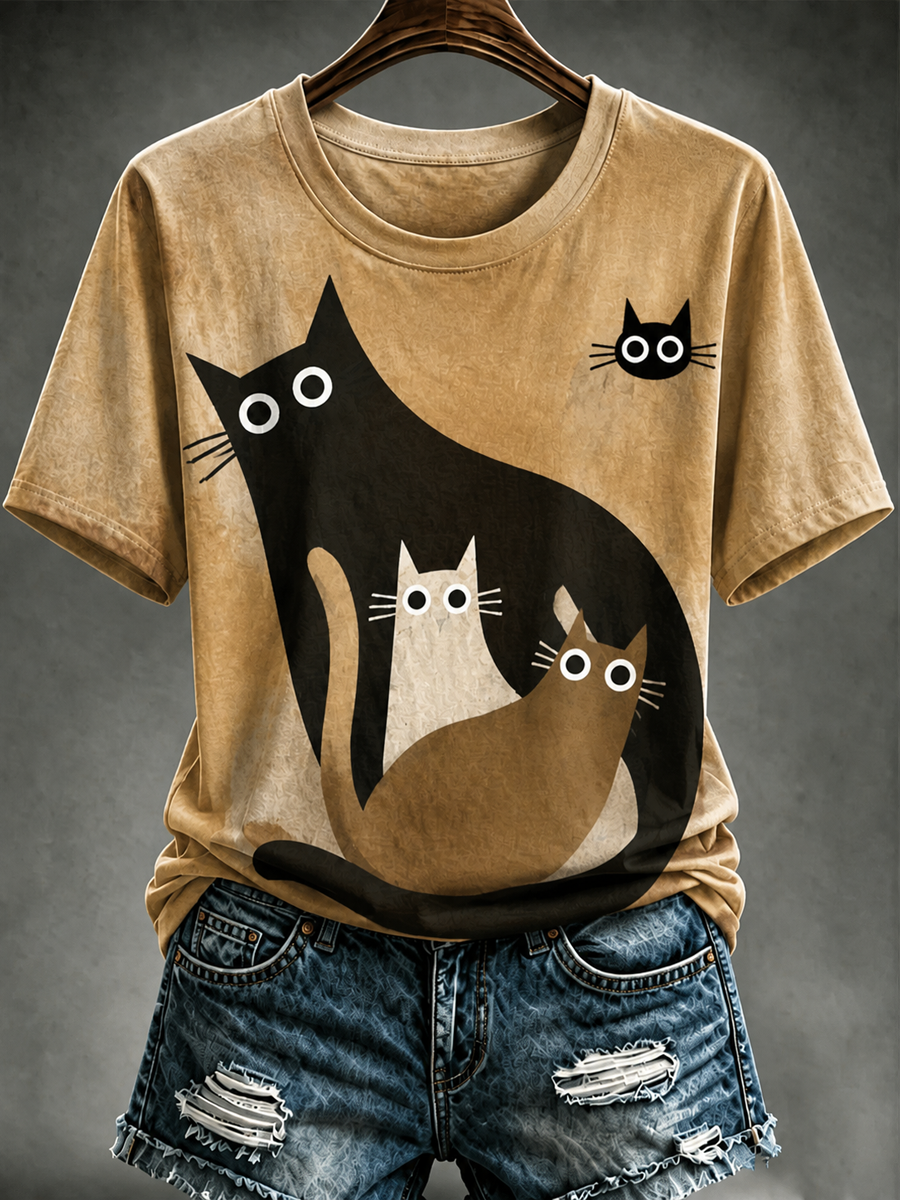 Women's cute cat Printed short-sleeved T-shirt