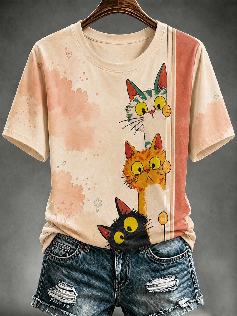 Women's cute cat Printed short-sleeved T-shirt