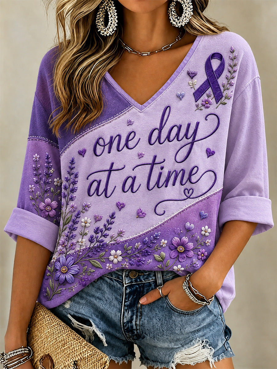 Women's Purple Floral & Alzheimer's Awareness Support Print V-Neck Tee