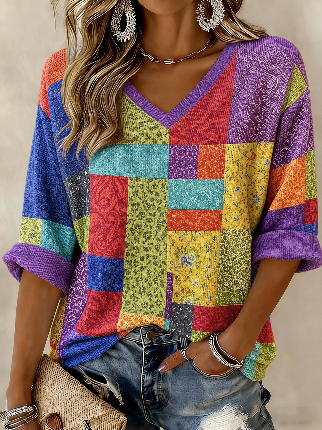Women's COAT OF MANY COLORS Printed Mid-length Sleeves V-neck T-shirt
