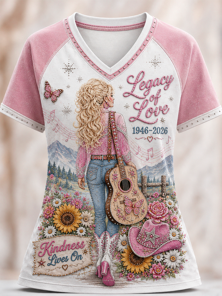 Women's Remembering Dolly Parton V-Neck Off-Shoulder Short-Sleeved T-Shirt