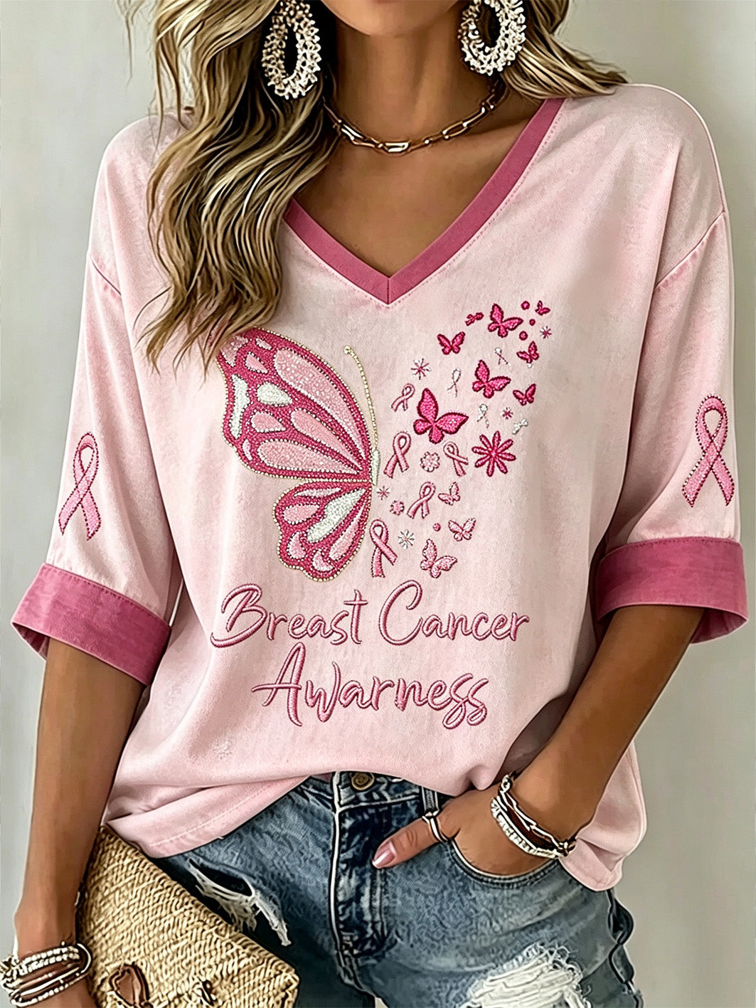 Women's Breast Cancer Theme Casual Mid-length Sleeves V-Neck T-Shirt