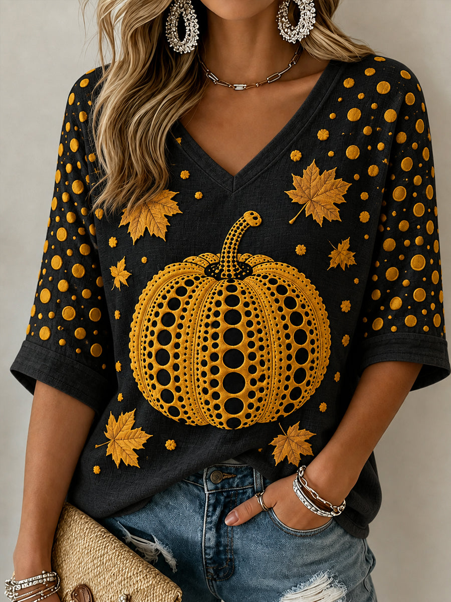 Women's Autumn Halloween Pumpkin Art Print Mid-length Sleeves V-Neck T-Shirt