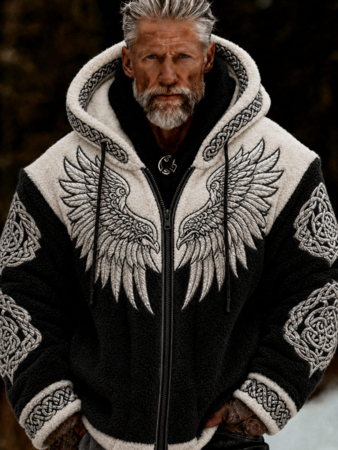 Men's Viking Celtic Art Plush Cozy Warm Zipped Hooded Jacket