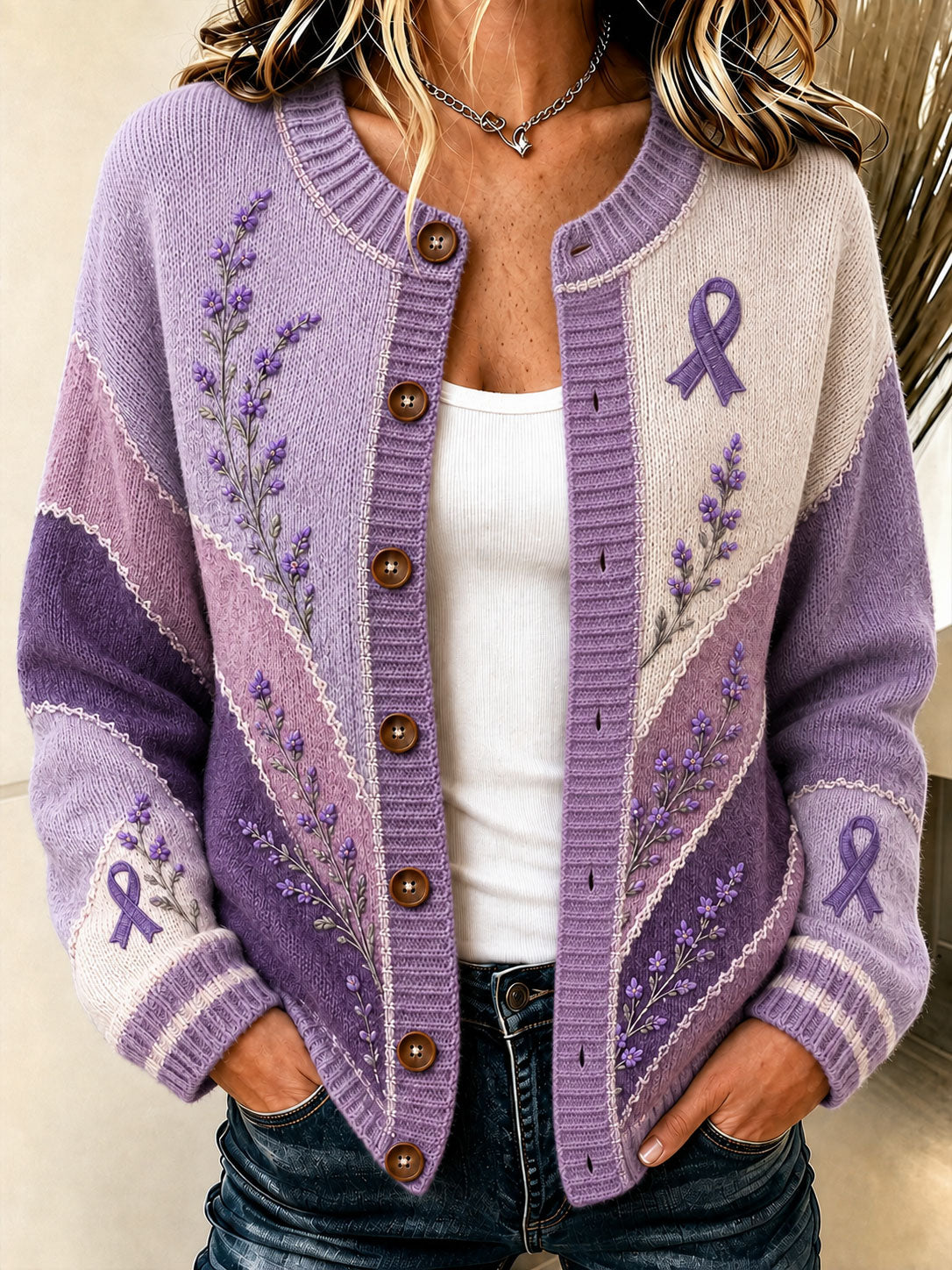 Women's Purple Floral & Alzheimer's Awareness Support Print Cardigan