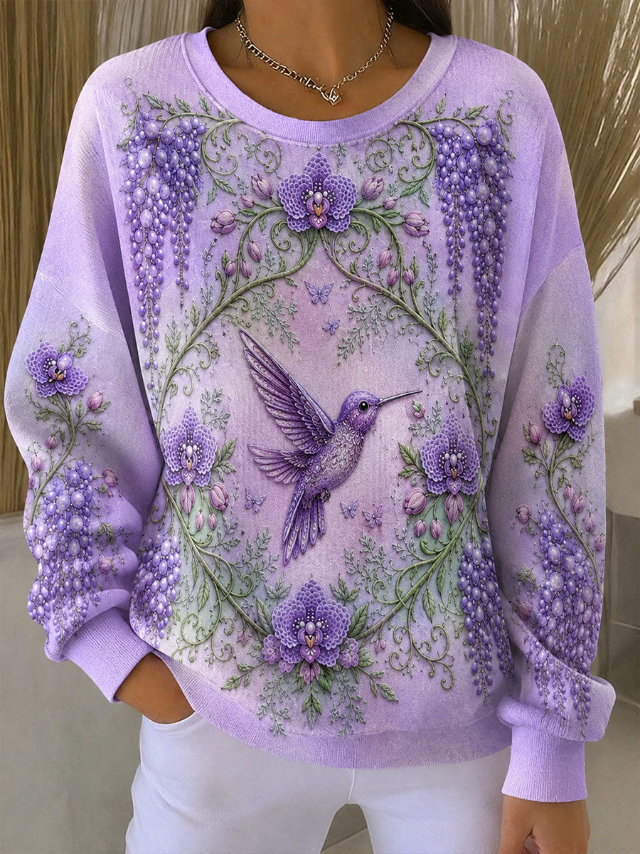 Women's Alzheimer's Awareness Flower Hummingbird Ribbed Round-Neck Sweatshirt