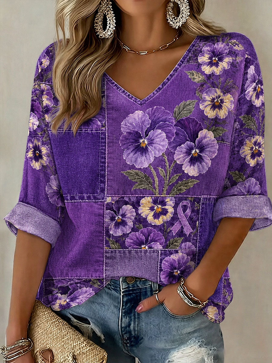Women's Alzheimer's Awareness Flowers Mid-length Sleeves V-Neck T-Shirt
