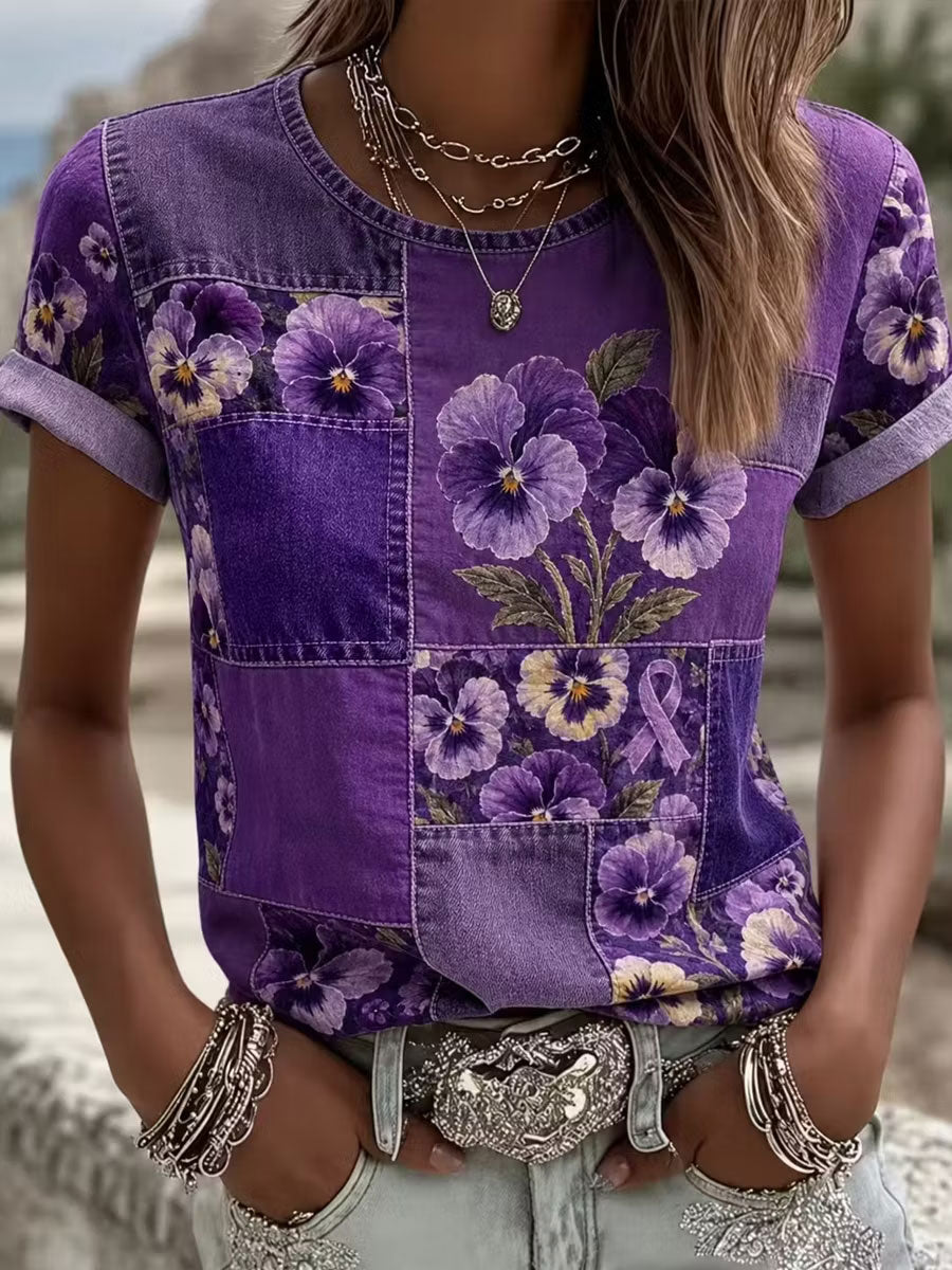 Women's Alzheimer's Awareness Flowers Short-sleeved T-shirt