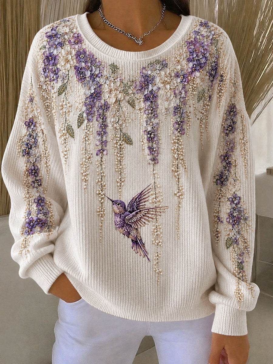 Women's Alzheimer's Awareness Flower Hummingbird Ribbed Round-Neck Sweatshirt