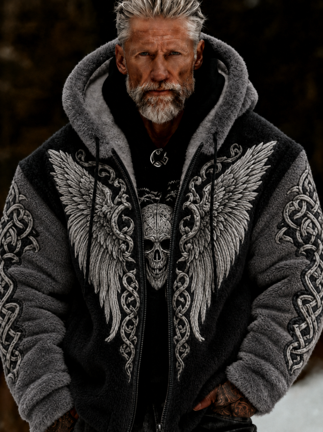 Men's Viking Celtic Art Plush Cozy Warm Zipped Hooded Jacket