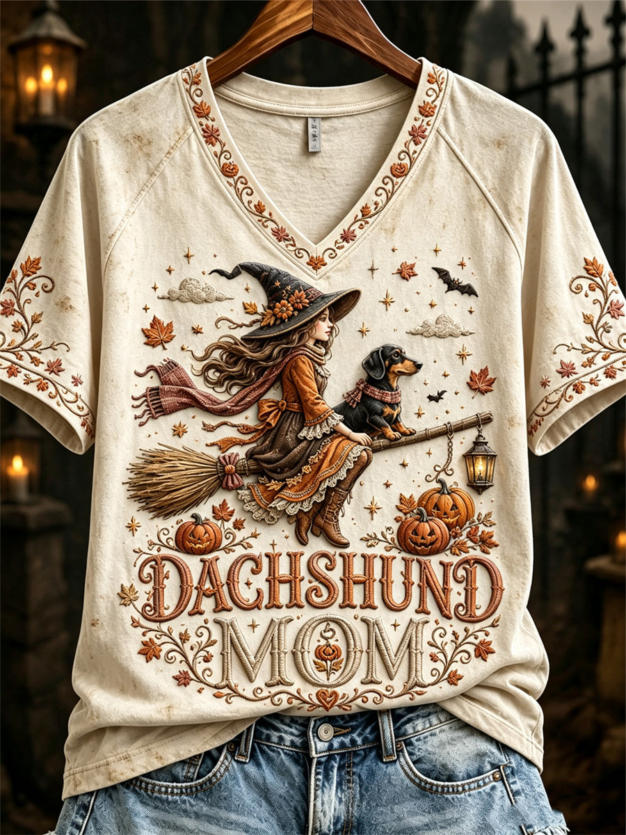 Women's Halloween Fall Dachshund Mom Witch & Dog Print short-sleeved T-shirt