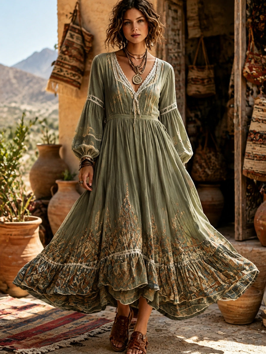 Lady's Vintage Bohemian-Style Printed Long Dress