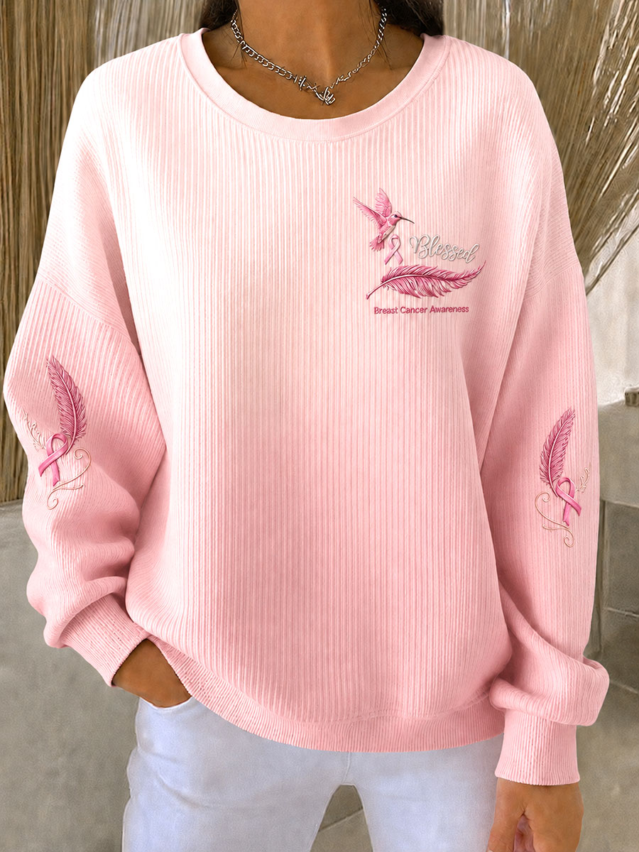 Women's Breast Cancer Awareness Floral and Bird Design Ribbed Round-Neck Sweatshirt