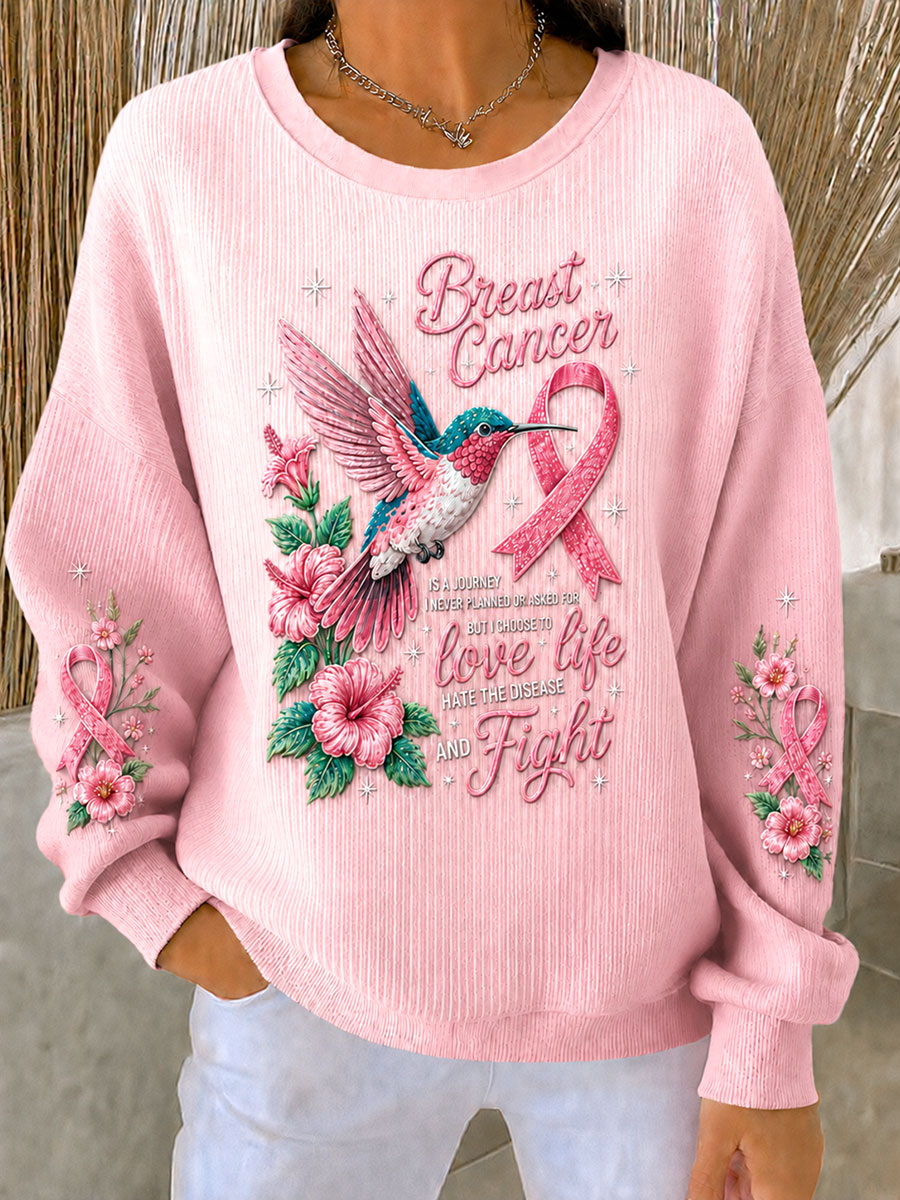 Women's Breast Cancer Awareness Floral and Bird Design Ribbed Round-Neck Sweatshirt