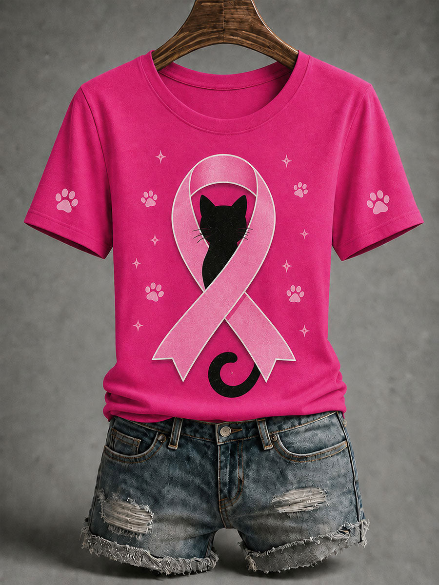 Women's Breast Cancer Awareness Black Cat Pink Ribbon Short-Sleeve T-Shirt