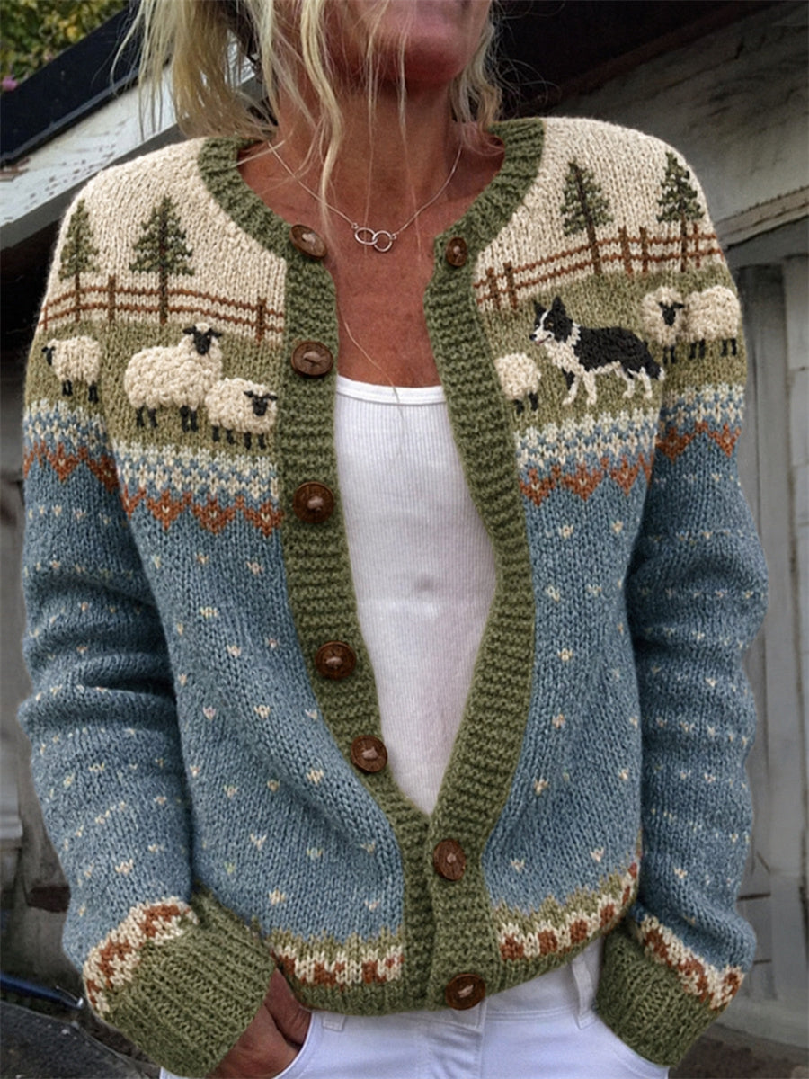 Women's Vintage Farm Border Collie & Sheep Yoke Isle Print Cozy Cardigan