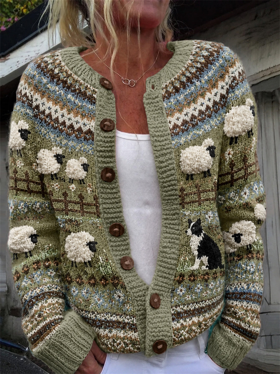 Women's Vintage Farm Border Collie & Sheep Isle Print Cozy Cardigan