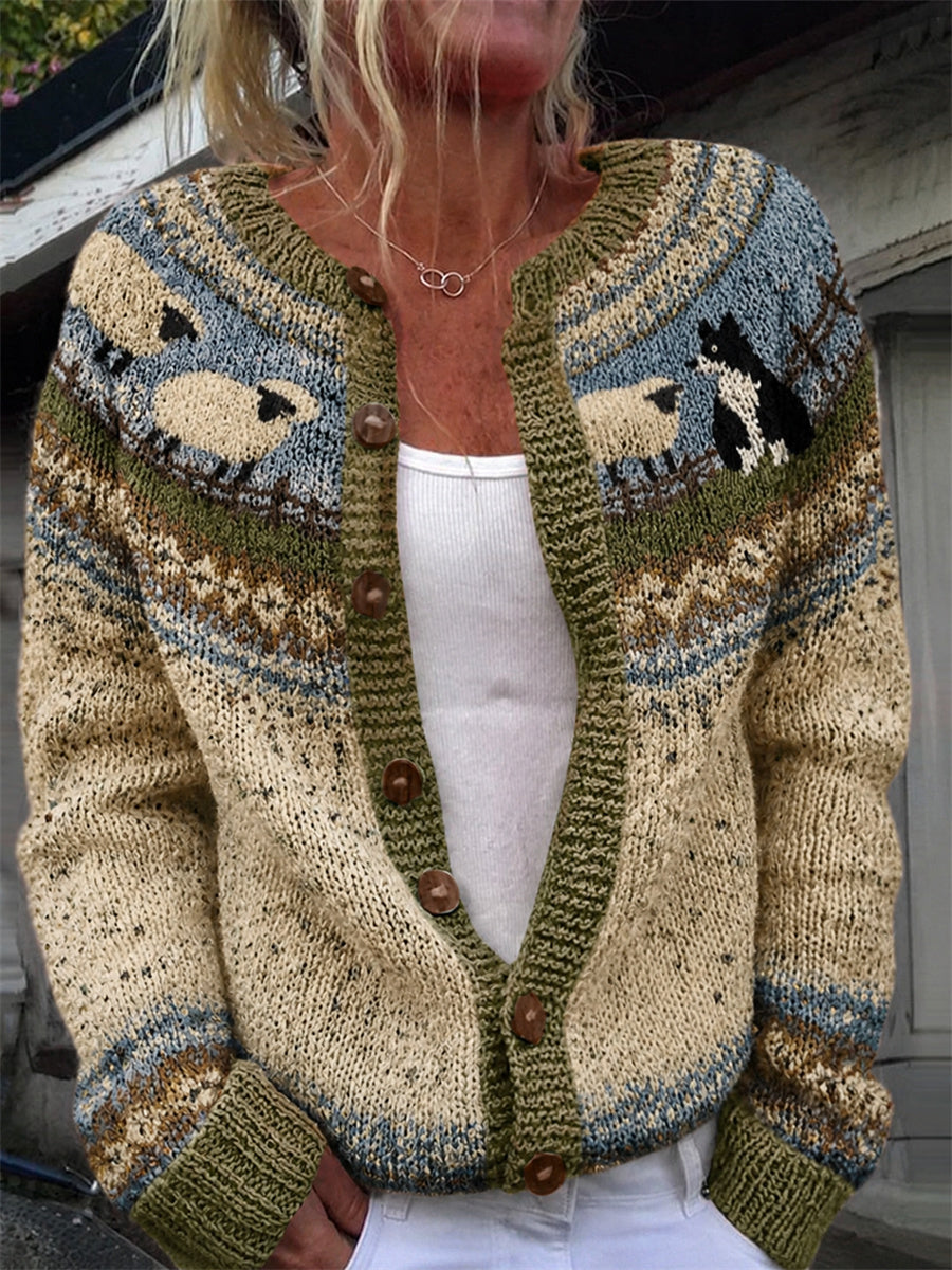 Women's Vintage Farm Border Collie & Sheep Yoke Isle Print Cozy Cardigan