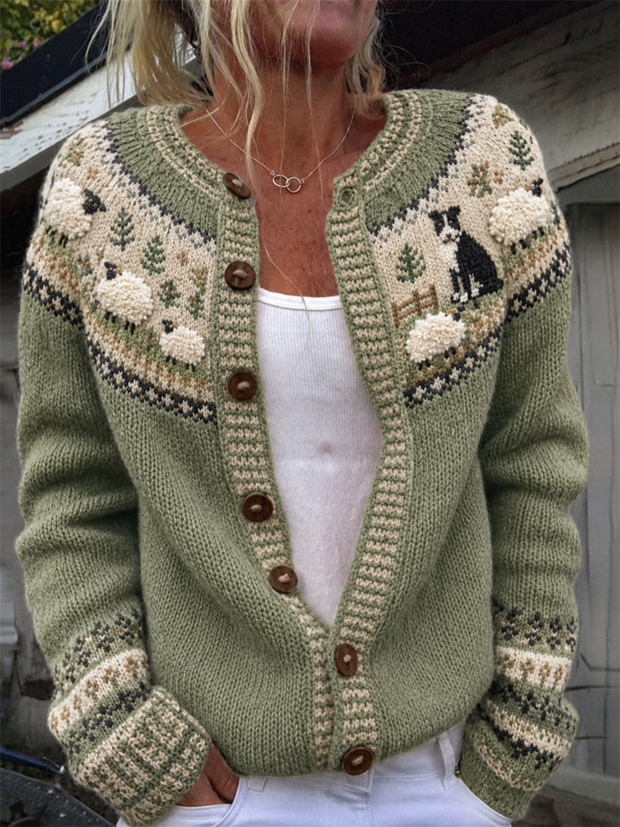 Women's Vintage Farm Border Collie & Sheep Yoke Isle Print Cozy Cardigan
