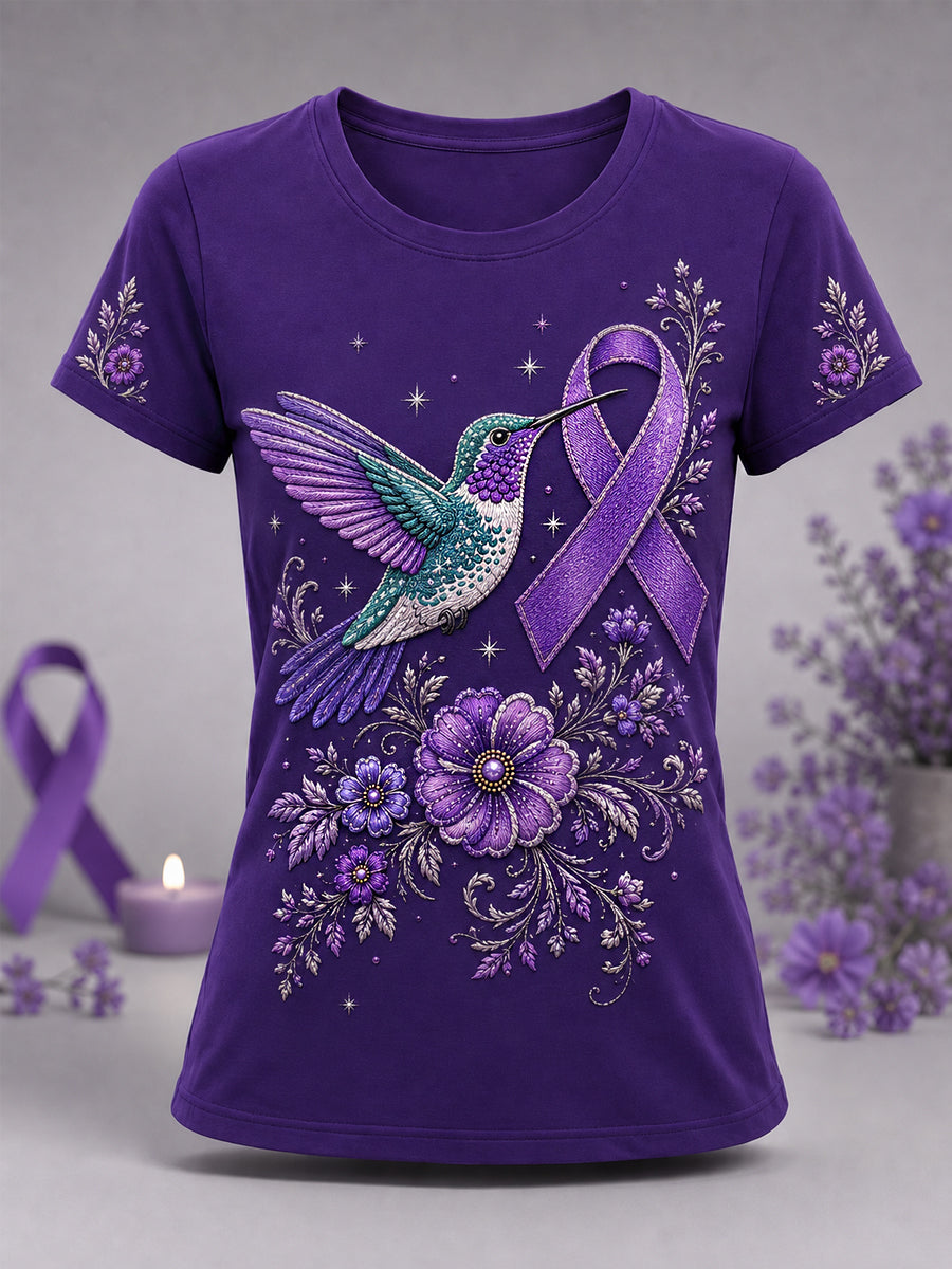 Women's Purple Floral & Hummingbird Print Alzheimer's Awareness Support Tee