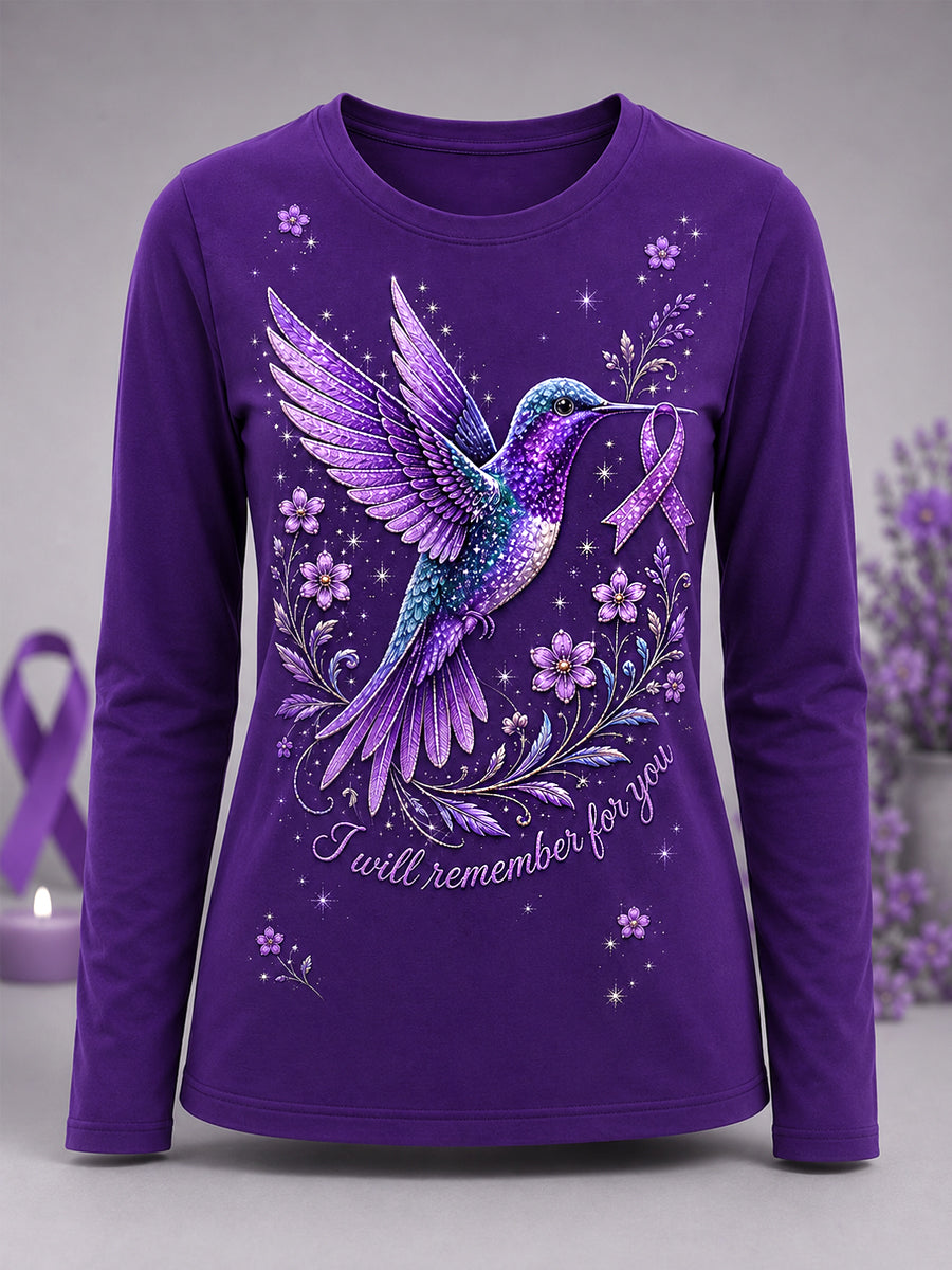 Women's Purple Floral & Hummingbird Print Alzheimer's Awareness Support Long Sleeve T-Shirt