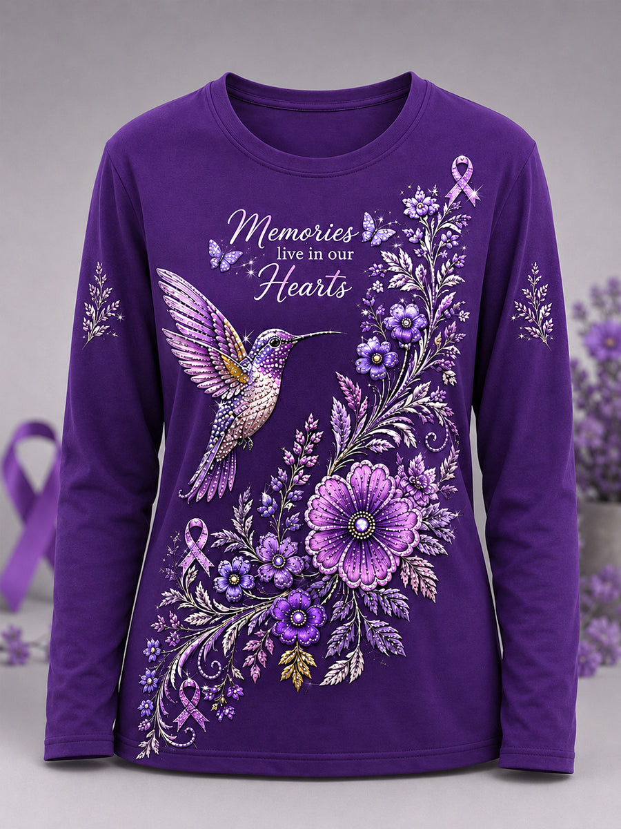 Women's Purple Floral & Hummingbird Print Alzheimer's Awareness Support Long Sleeve T-Shirt