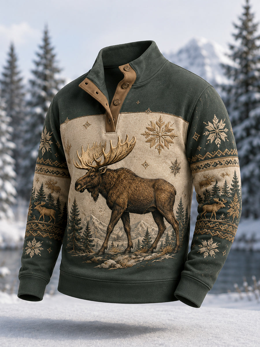 Men's Winter Moose Print Casual Buttons Pullover