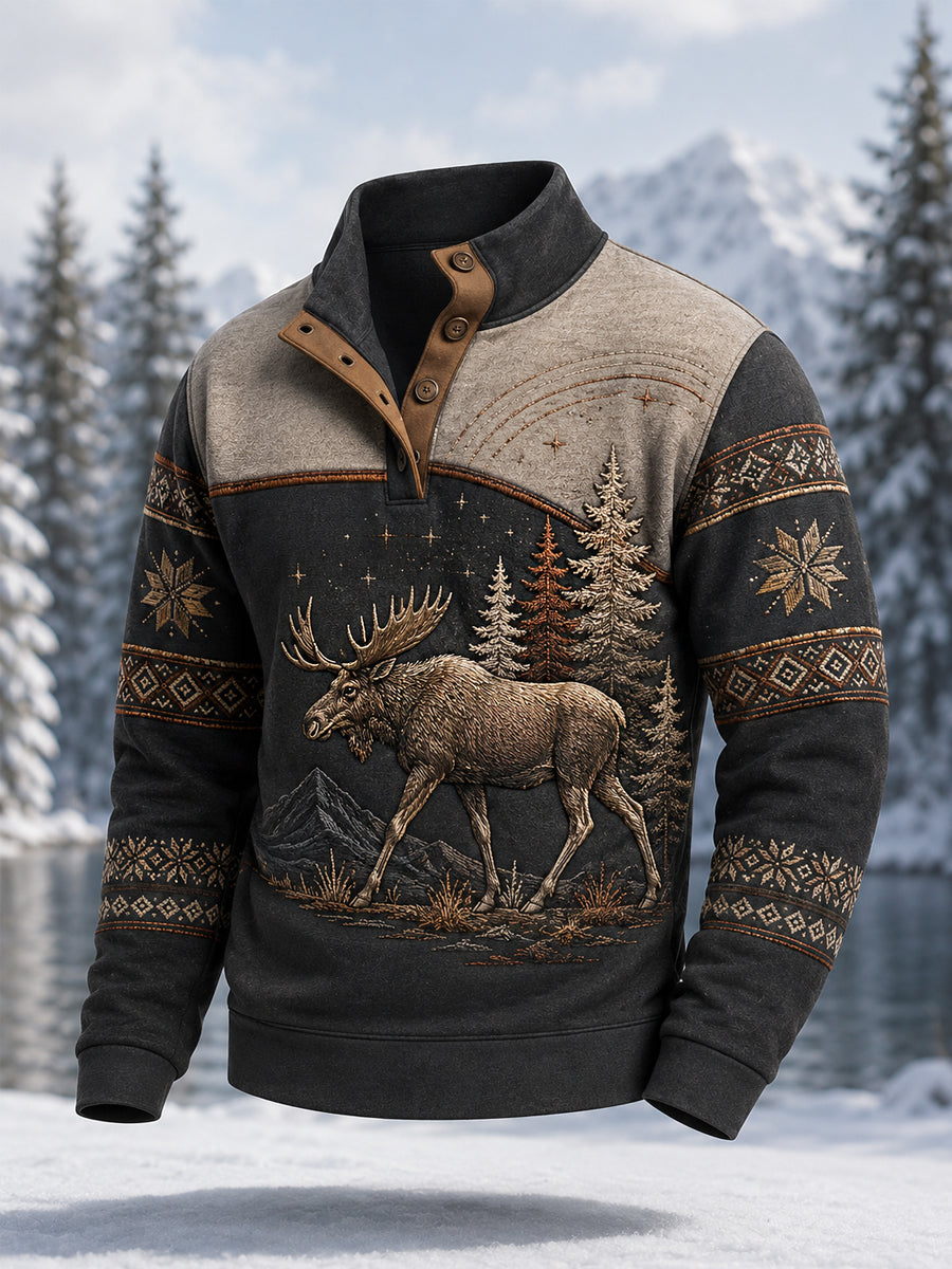 Men's Winter Moose Print Casual Buttons Pullover