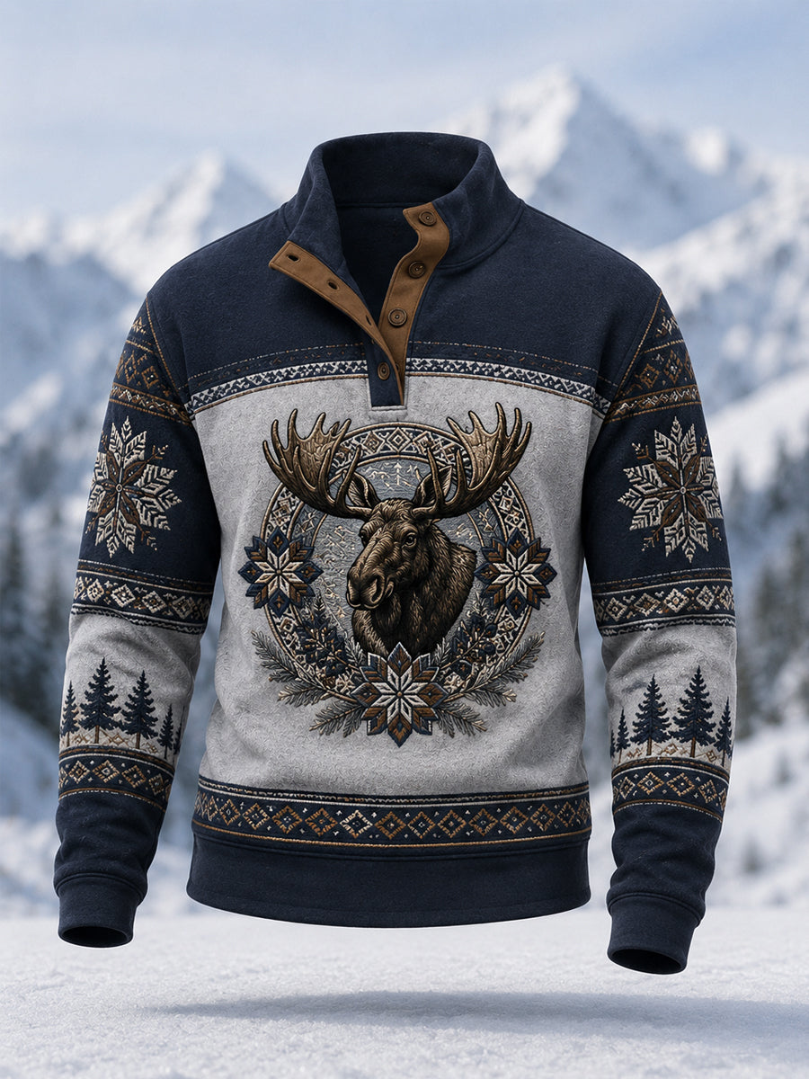 Men's Winter Moose Print Casual Buttons Pullover