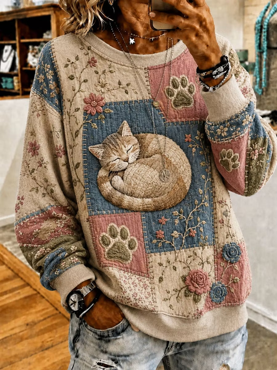 Women's Cat Floral Art Regular Sweatshirt