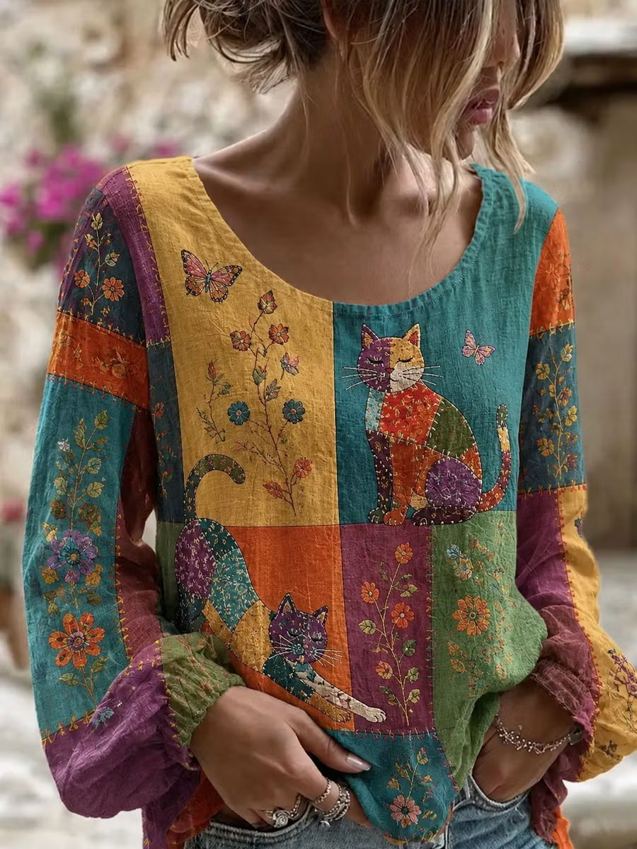 Women's Cat Floral Art Cotton-Linen Shirt