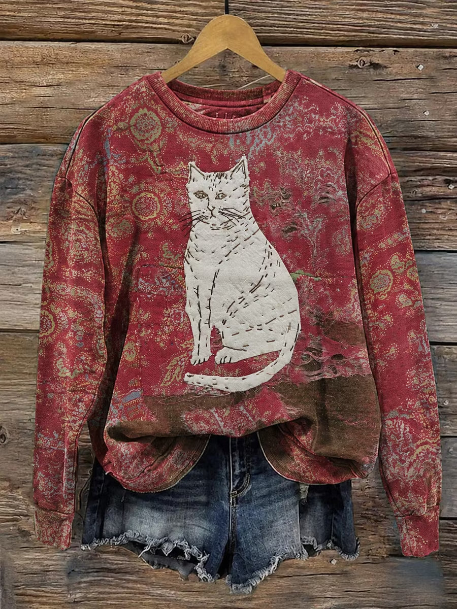 Women's Fabric Art Vintage Style Cat Print Sweatshirt