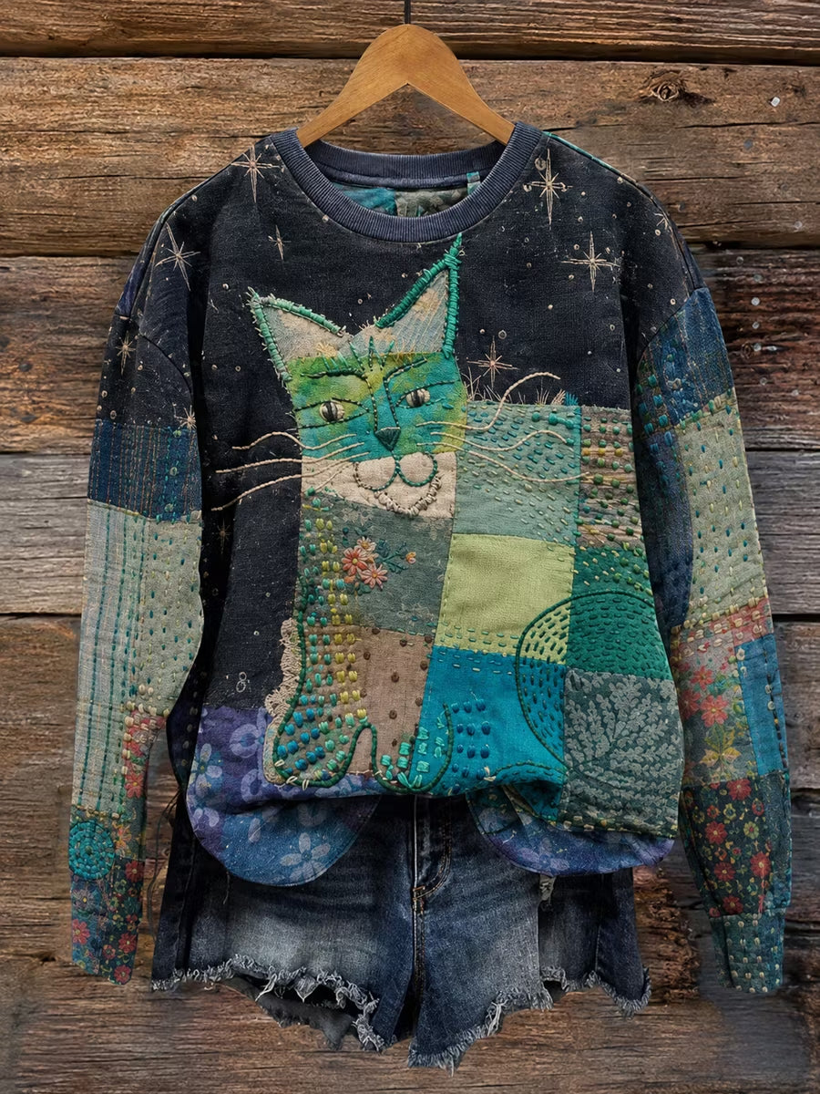 Women's Fabric Art Vintage Style Cat Print Sweatshirt