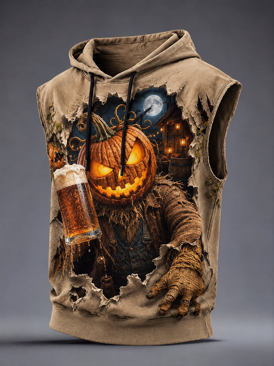 Men's Halloween Art Print Sleeveless Hooded Sweatshirt