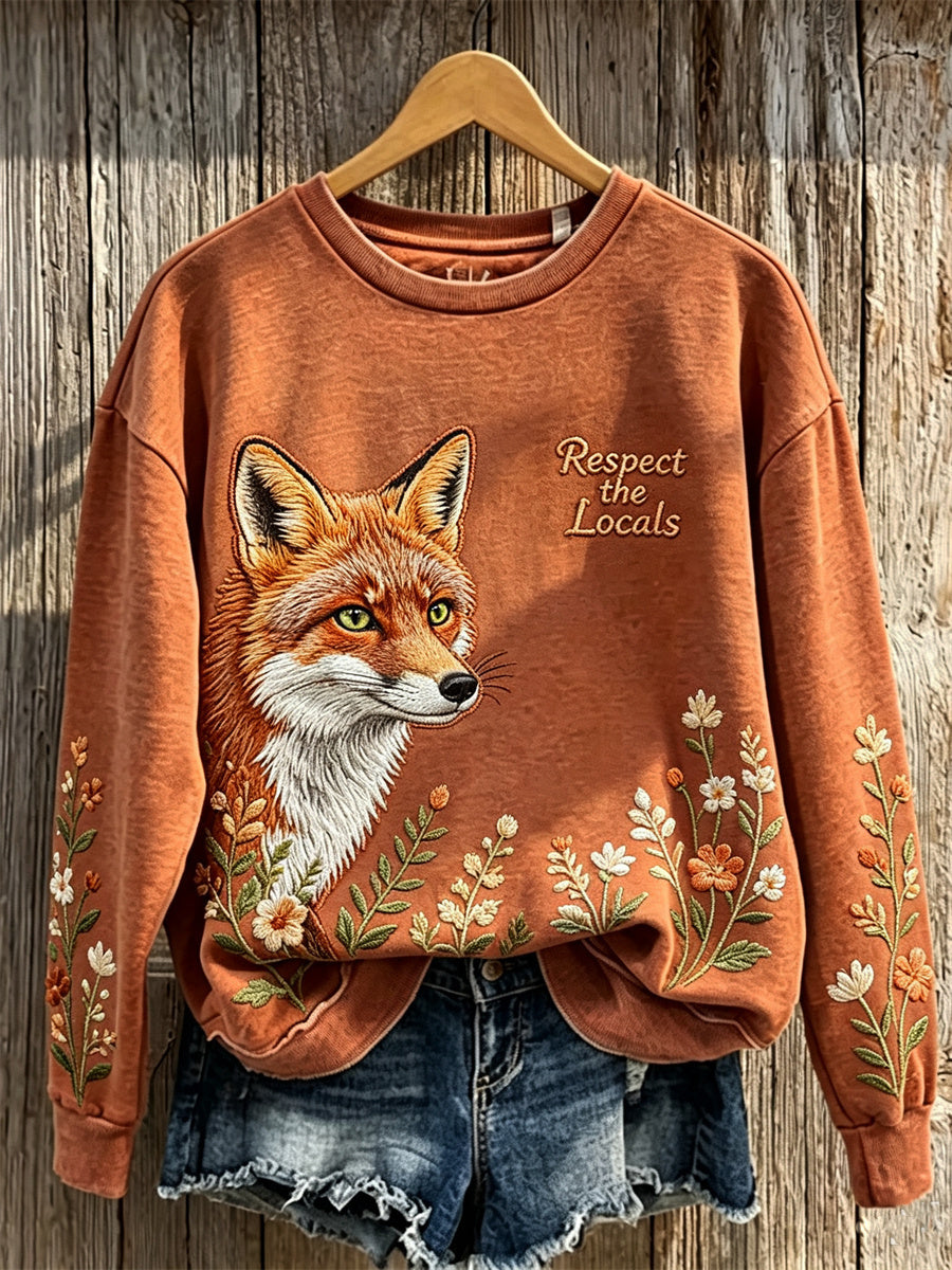 Women's Respect The Locals Forest Fox & Floral Plants Print Sweatshirt