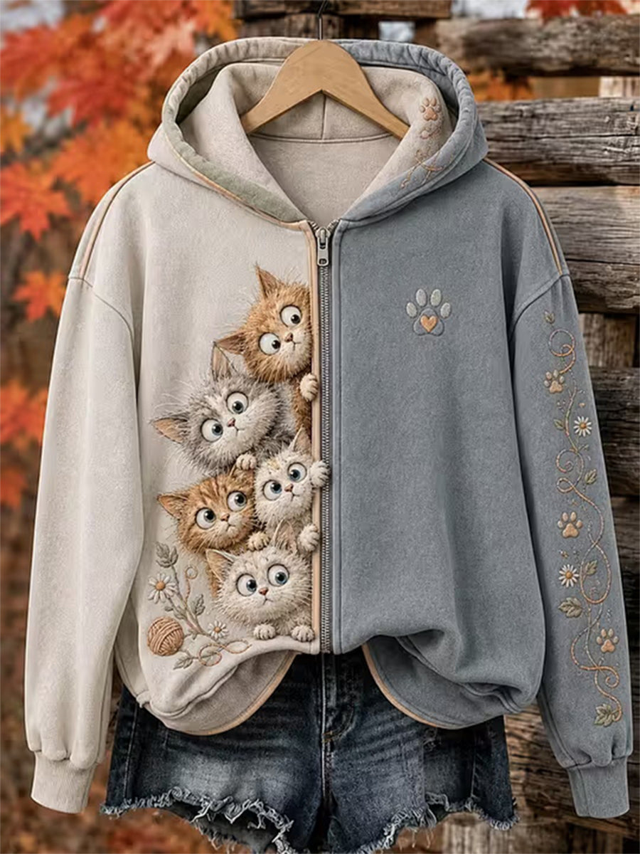 Women's Autumn Cat Print Casual Zip-Up Hoodie