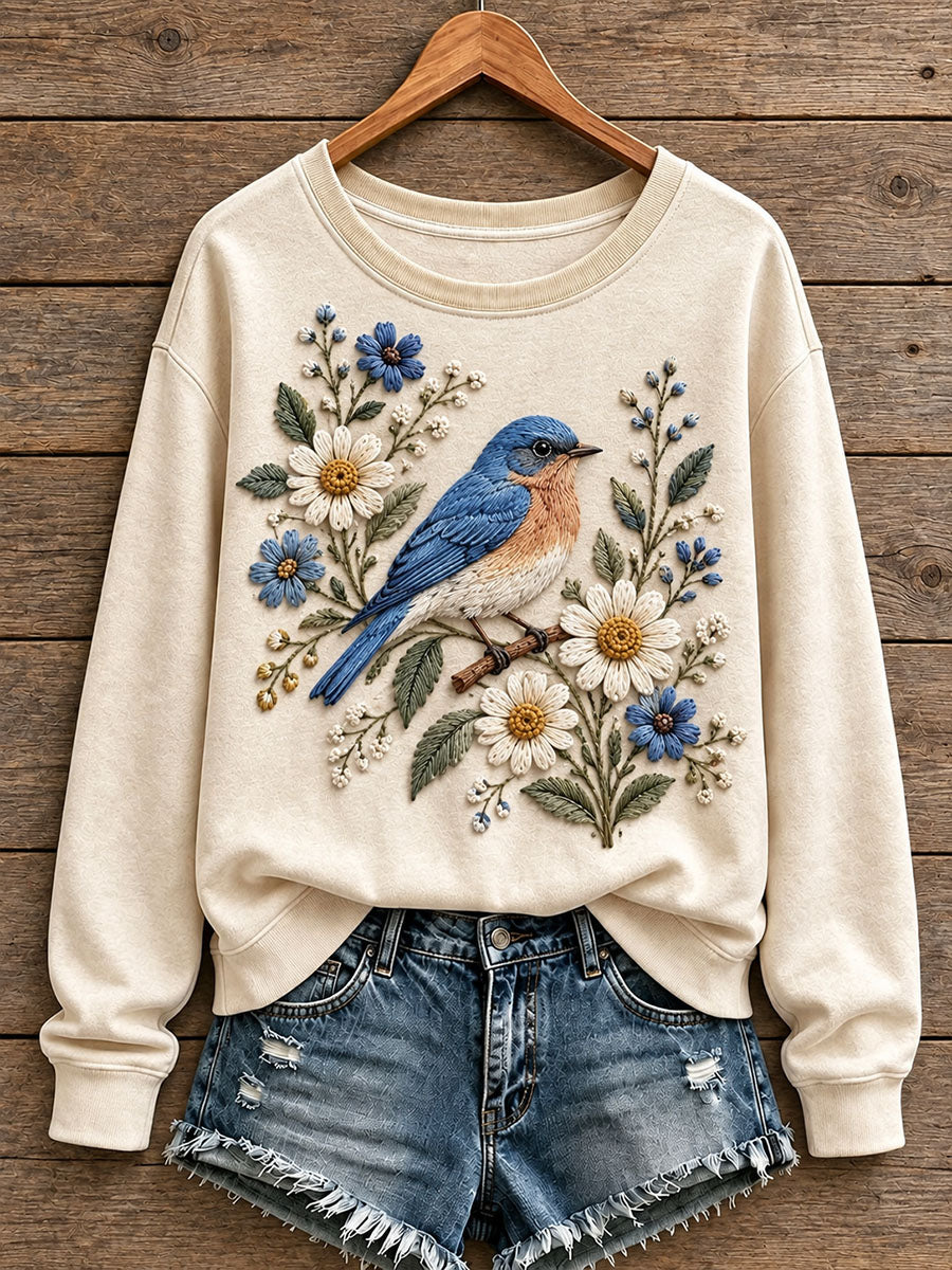 Women's Floral and Bird Pattern Sweatshirt