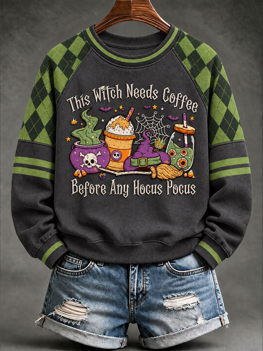 Women's "This Witch Needs Coffee Before Any Hocus Pocus" Halloween Graphic Casual Raglan Sleeve Sweatshirt