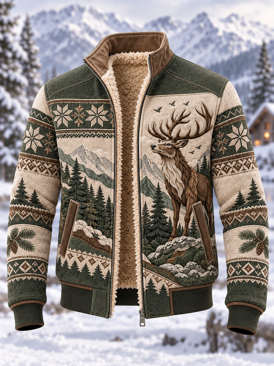 Men's Nordic Forest Animal Print Fleece-Lined Jacket