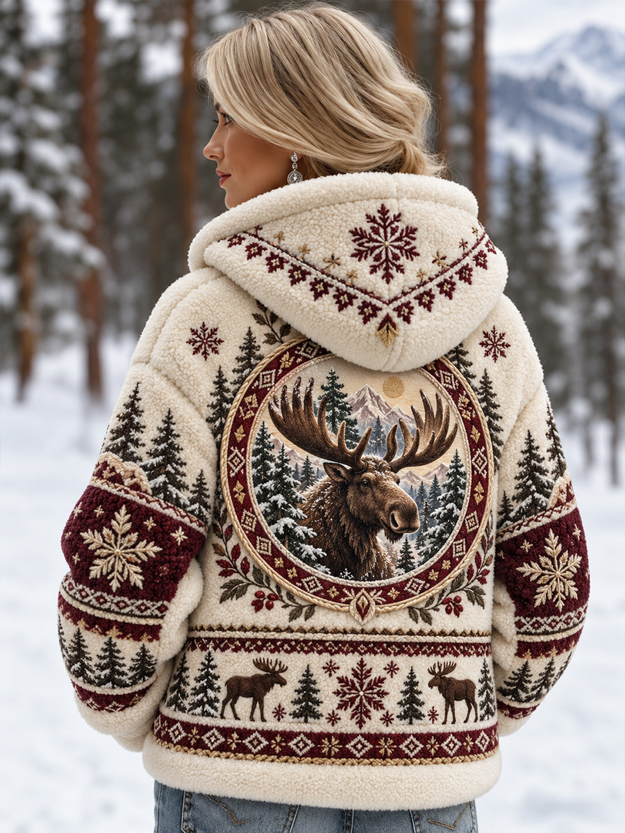 Women's Nordic Forest Animal Print Zip-Up Hoodie