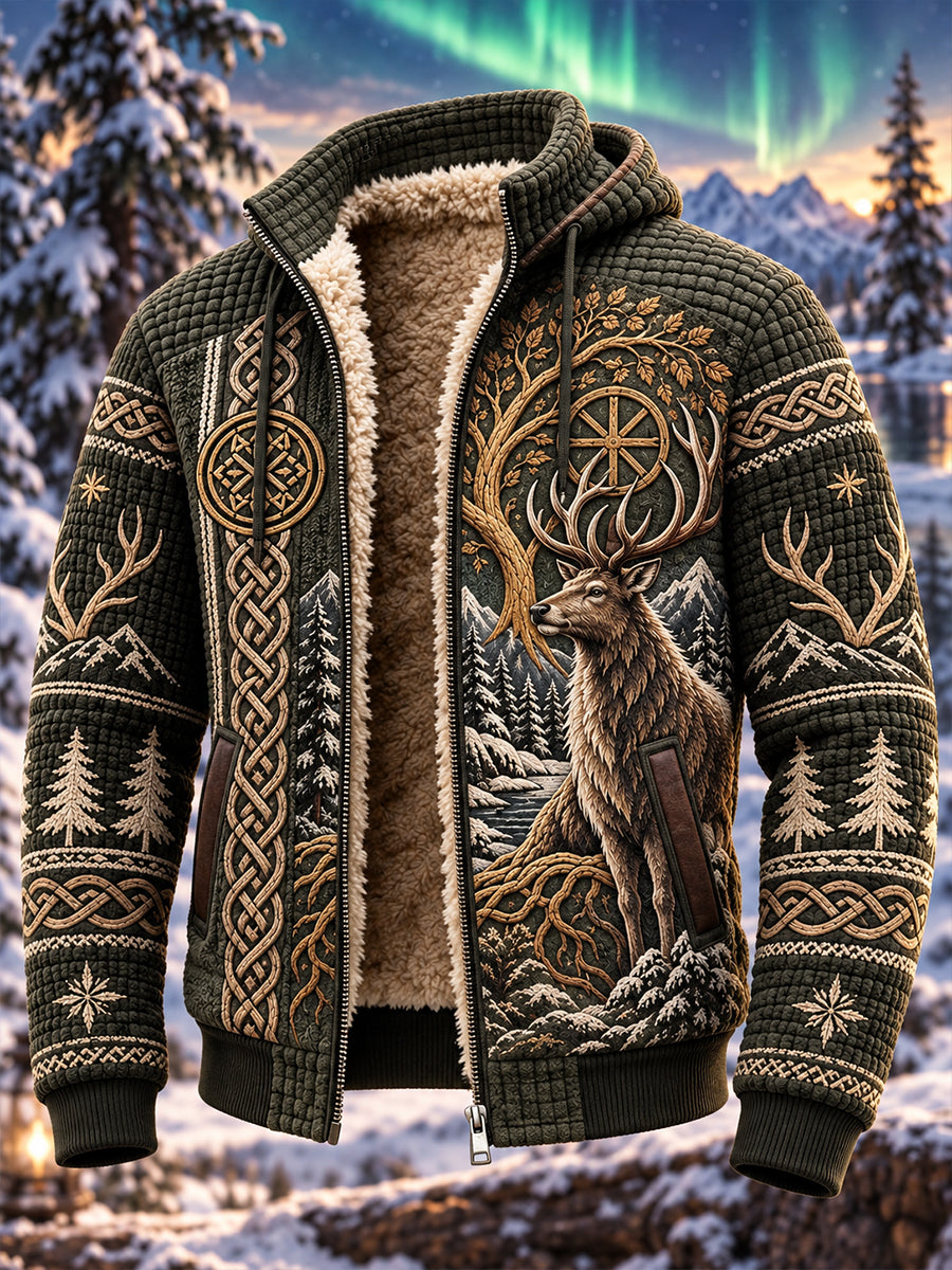 Men's Nordic Forest Animal Fleece-Lined Hooded Jacket