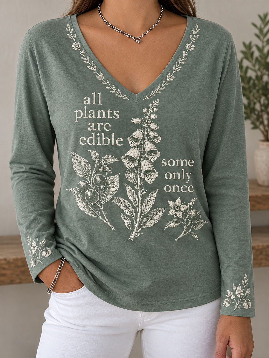 Women's Plants Lover Art Printed V-Neck T-Shirt