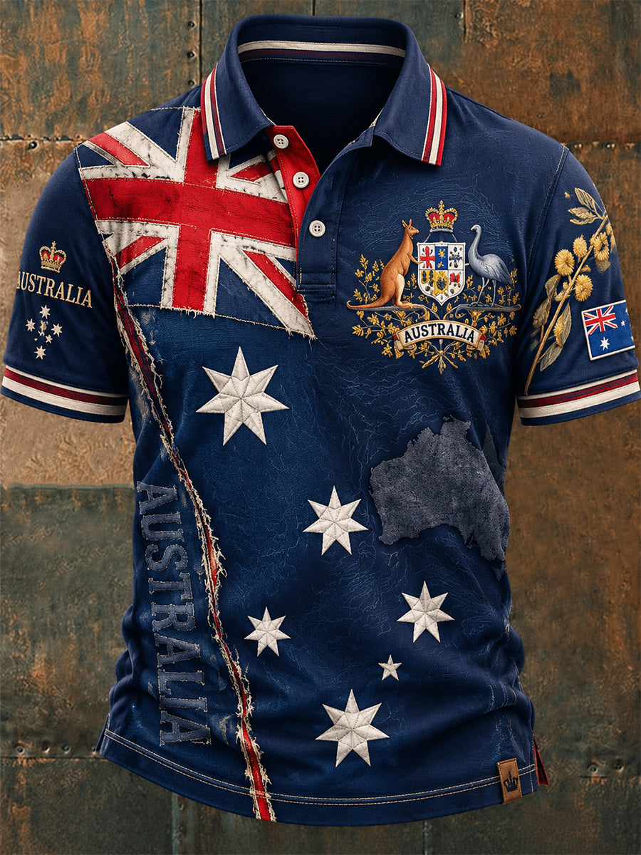 Vintage Australian Flag Crest Printed Casual Cotton Short Sleeve Polo Shirt