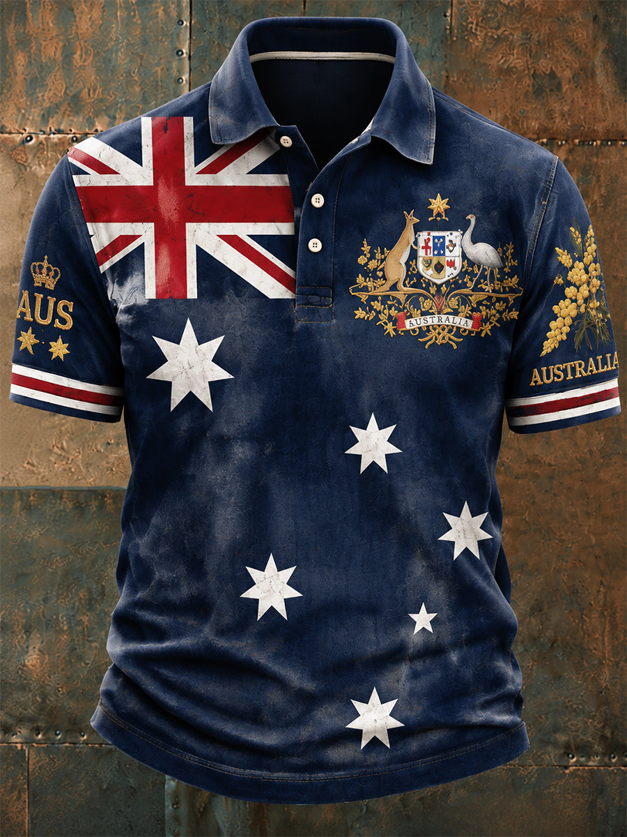 Vintage Australian Flag Crest Printed Casual Cotton Short Sleeve Polo Shirt