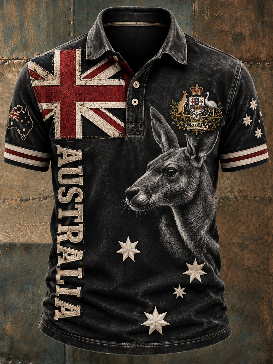 Vintage Australian Flag Crest Printed Casual Cotton Short Sleeve Polo Shirt